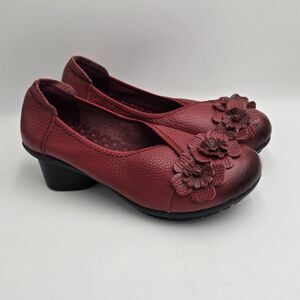 Socofy Women’s Leather Floral Comfort Slip-On Shoes Red Heel Pumps Size 8 (250)